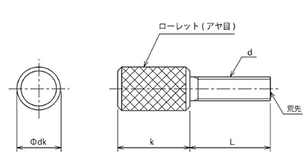 ステンレス スリ割り無し 長頭ローレットネジAタイプ (アヤ目) 製品図面