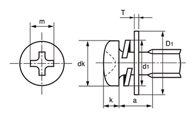 鉄(+)ナベ頭セムス小ねじ PD＝3 (バネ座+平座組込)(大径W12Φx0.8) 製品図面
