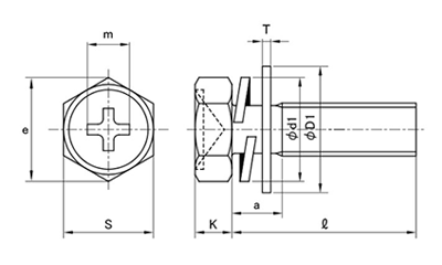 鉄(+)六角アプセット頭セムス小ねじ P＝4 (バネ座+JIS小形平座 組込) 製品図面