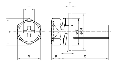 鉄(+)六角アプセット頭セムス小ねじ PD＝3 (バネ座+大径平座組込) 製品図面