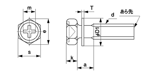 鉄(+)六角アプセット頭セムス小ねじ I＝1 (ISO平座組込) 製品図面