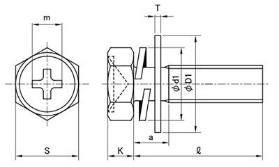 鉄(+)六角アプセット頭セムス小ねじ I＝3 (バネ座+ISO平座 組込) 製品図面