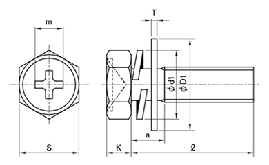 鉄(+)六角アプセット頭セムス小ねじ I＝4 (バネ座+ISO小形平座 組込) 製品図面