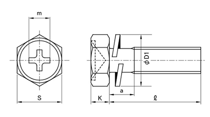 鉄(+)小形六角アプセット頭セムス小ねじ P＝2 (バネ座組込) 製品図面