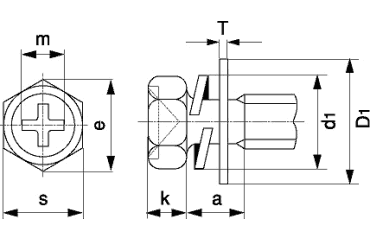 鉄(+)小形六角アプセット頭セムス小ねじ P＝3 (バネ座+JIS平座 組込) 製品図面