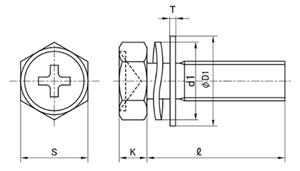 鉄(+)六角アプセット頭セムス小ねじ SP＝3 (ツーロック座+JIS平座 組込) 製品図面