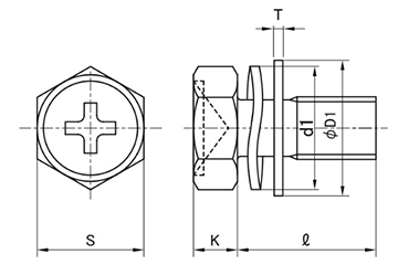 鉄(+)六角アプセット頭セムス小ねじ SP＝4 (ツーロック・バネ座+JIS小形平座 組込) 製品図面