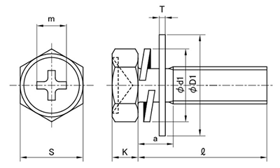 鉄(+)六角アプセット頭セムス小ねじ PD＝3大型 (バネ座+特寸・大径平座 組込) 製品図面