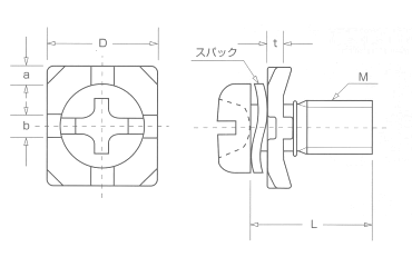 鉄 端子ねじ(+)(-)ナベ頭 SH形 (ツーロック+正方形 対辺線押え 組込) 製品図面