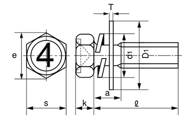 鉄 (4マーク)六角アプセット頭セムス小ねじ PD＝3 (バネ座+大径平座組込) 製品図面