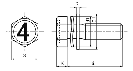 鉄 (4マーク)六角アプセット頭セムス小ねじ SP＝3 (ツーロック座+JIS平座 組込) 製品図面