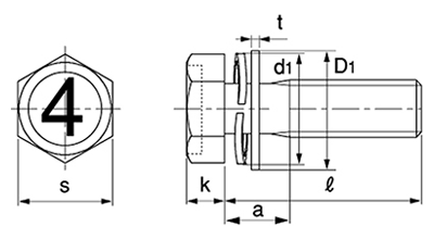 鉄 (4マーク)小形六角アプセット頭セムス小ねじ SP＝3 (ツーロック+JIS平座組込) 製品図面