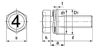 鉄 (4マーク)小形(細目)六角アプセットセムス小ねじ SP＝3 (ツーロック+JIS平座 組込) 製品図面