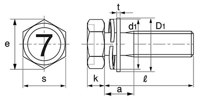 鋼 (7マーク)六角アプセット頭セムス小ねじ SP＝3 (ツーロック・バネ座+JIS平座 組込) 製品図面