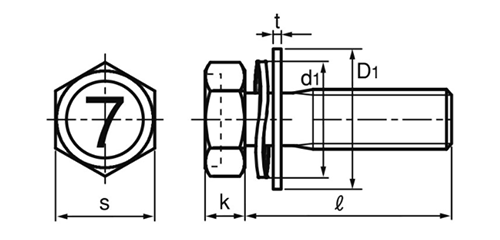 鋼 (7マーク)六角アプセット頭セムス小ねじ SPD＝3 (ツーロック・バネ座+大径平座 組込) 製品図面