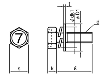 鋼 (7マーク)六角アプセット頭セムス小ねじ P＝3 (バネ座+JIS平座 組込) 製品図面