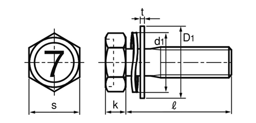 鋼 (7マーク)小形六角アプセット頭セムス小ねじ SP＝3 (ツーロック・バネ座+JIS平座 組込) 製品図面