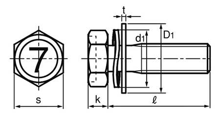 鋼 (7マーク)小形六角アプセット頭セムス小ねじ (細目) SP＝3 (ツーロック+JIS平座 組込) 製品図面