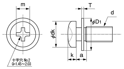 鉄(+) スリムPANヘッドナベ頭セムス小ねじ P＝1(JIS平座 組込) 製品図面