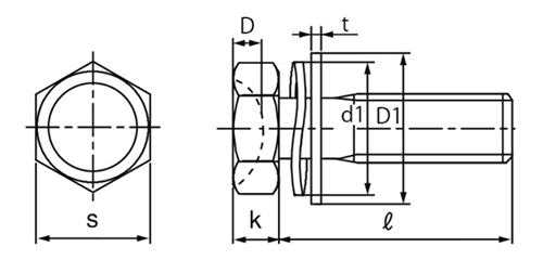 鉄 六角アプセット頭セムス小ねじ DR SP＝3 (波形ばね座+大径平座 組込)(十字穴無し) 製品図面