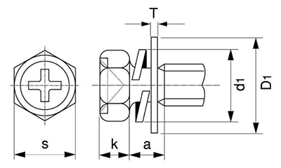 鉄(+)六角アプセット頭セムス小ねじ P＝3 (ピタック 極薄板用)(バネ座+JIS平座 組込) 製品図面