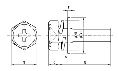 鉄(+)六角アプセット頭セムス小ねじ P＝4 (ピタック 極薄板用)(バネ座+JIS小形平座 組込) 製品図面
