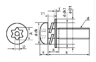 鉄 TRXタンパープルーフ ナベ頭 小ねじ P＝3 (バネ座+JIS平座組込)(ピン付き) 製品図面