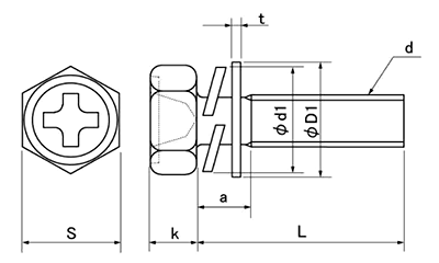 鉄(+)六角アプセット頭セムス小ねじ P＝4 (薄板用)(バネ座+JIS小形平座 組込) 製品図面
