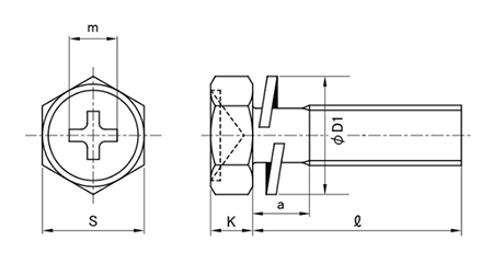黄銅 (+)六角アプセット頭セムス小ねじ P＝2 (バネ座組込) 製品図面