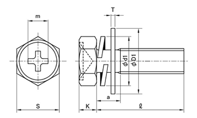 黄銅 (+)六角アプセット頭セムス小ねじ P＝3 (バネ座+JIS平座 組込) 製品図面