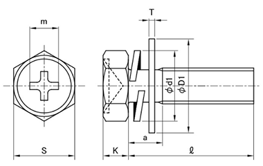 黄銅 (+)六角アプセット頭セムス小ねじ I＝3 (バネ座+ISO平座 組込) 製品図面