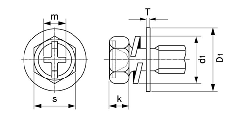 黄銅 (+)(-)六角アプセット頭セムス小ねじ P＝3 (バネ座+JIS平座 組込) 製品図面