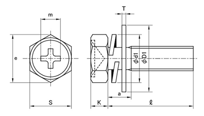ステンレス (+)六角アプセット頭セムス小ねじ PD＝3 (バネ座+大径平座組込) 製品図面