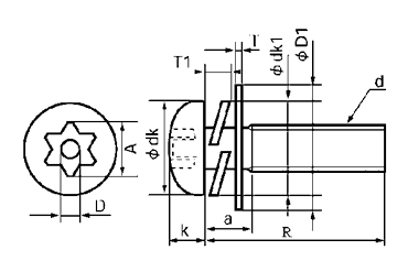 ステンレス TRXタンパープルーフ ナベ頭 小ねじ P＝3 (バネ座+JIS平座組込)(ピン付き) 製品図面