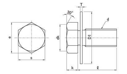 鉄 六角トリーマ頭セムス小ねじ PD＝1(大径平座組込) 製品図面
