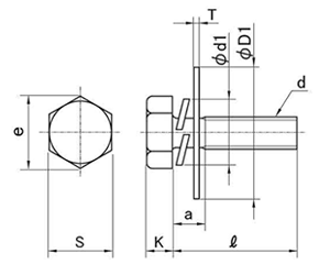 鉄 六角トリーマ頭セムス小ねじ PD＝3 (バネ座+大径平座 組込) 製品図面