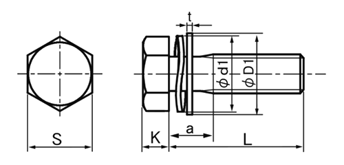鉄 六角トリーマ頭セムス小ねじ SP＝3 (ツーロック・バネ座+JIS平座 組込) 製品図面