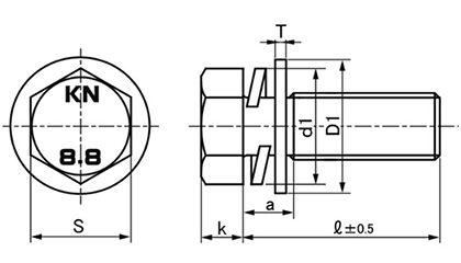 鋼 強度区分8.8 六角トリーマ頭セムスボルト P＝3 (バネ座+JIS平座 組込)(金剛鋲螺) 製品図面