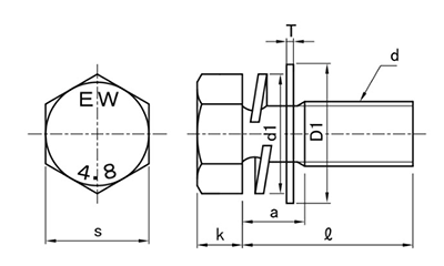 鉄 六角トリーマ頭セムス小ねじ P＝3 (バネ座+JIS平座 組込)(永和製) 製品図面