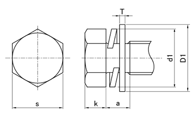 鉄 六角トリーマ頭セムス小ねじP＝3(薄板用)(バネ座+JIS平座 組込) 製品図面