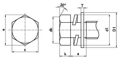 黄銅 六角トリーマ頭セムス小ねじ P＝3 (バネ座+JIS平座 組込) 製品図面