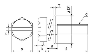 黄銅 (-)六角トリーマ頭セムス小ねじ P＝3 (バネ座+JIS平座 組込) 製品図面