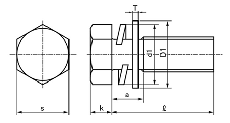 ステンレス 六角トリーマ頭セムス小ねじ P＝4 (バネ座 +JIS小形平座 組込) 製品図面