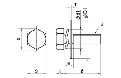 ステンレス 六角トリーマ頭セムス小ねじ PD＝3 (バネ座+大径平座組込) 製品図面