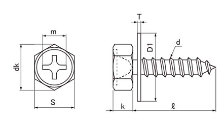 鉄(+)六角アプセット頭 タッピンねじ(1種A形)PD＝1(平座φ16組込) 製品図面