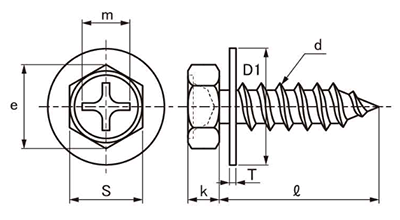 鉄(+)六角アプセット頭 タッピンねじ(1種A形)PD＝1(平座φ20組込) 製品図面