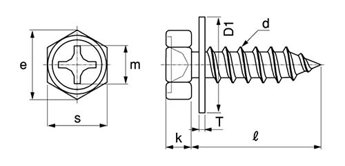 鉄(+)六角アプセット頭 タッピンねじ(1種A形)P＝N(ナイロン平座φ12組込) 製品図面