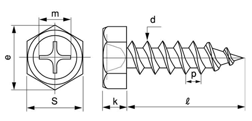 ステンレス(+)六角アプセット頭 タッピンねじ(1種 A形) 製品図面