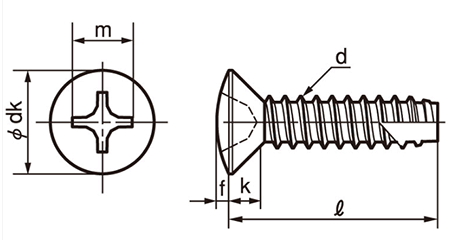 鉄(+)丸皿頭 タッピンねじ(2種溝付き B-1形) 製品図面
