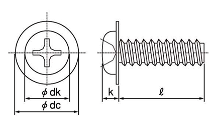 鉄(+)ナベ頭 ワッシャーヘッドタッピンねじ(2種溝なし B-0形) 製品図面